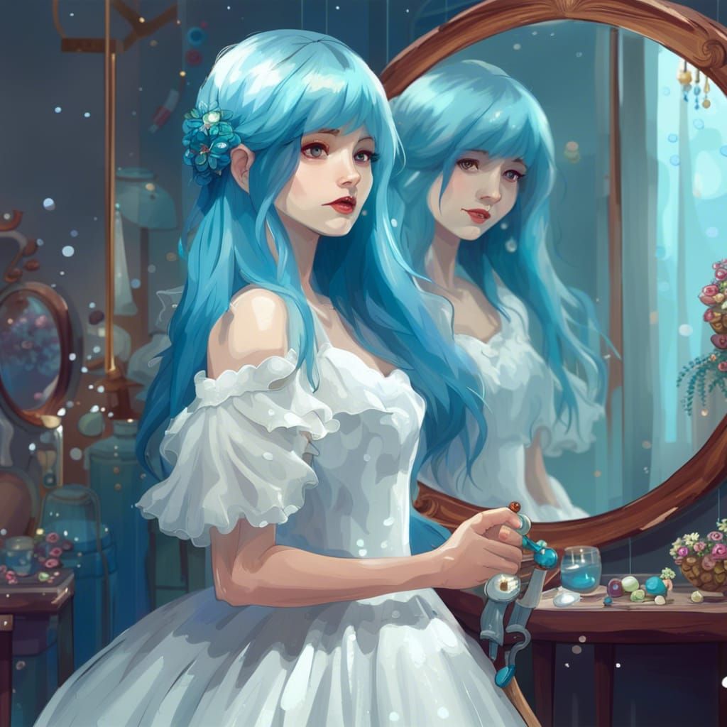 Blue-Haired Girl in White Gown with Mirror