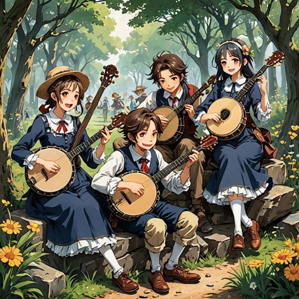 Anime Musketeers Playing Banjos in Key Visual Style