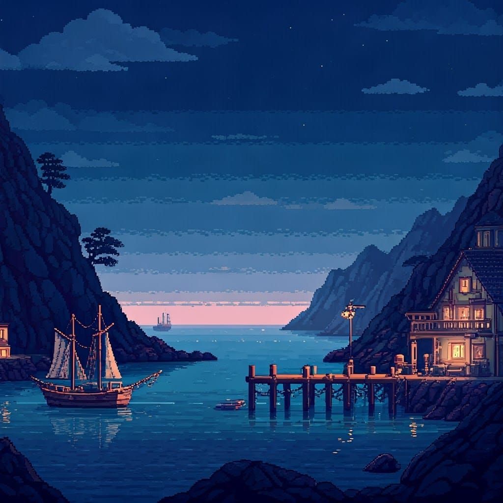 Coastal Town at Night in 8-bit Pixel Art