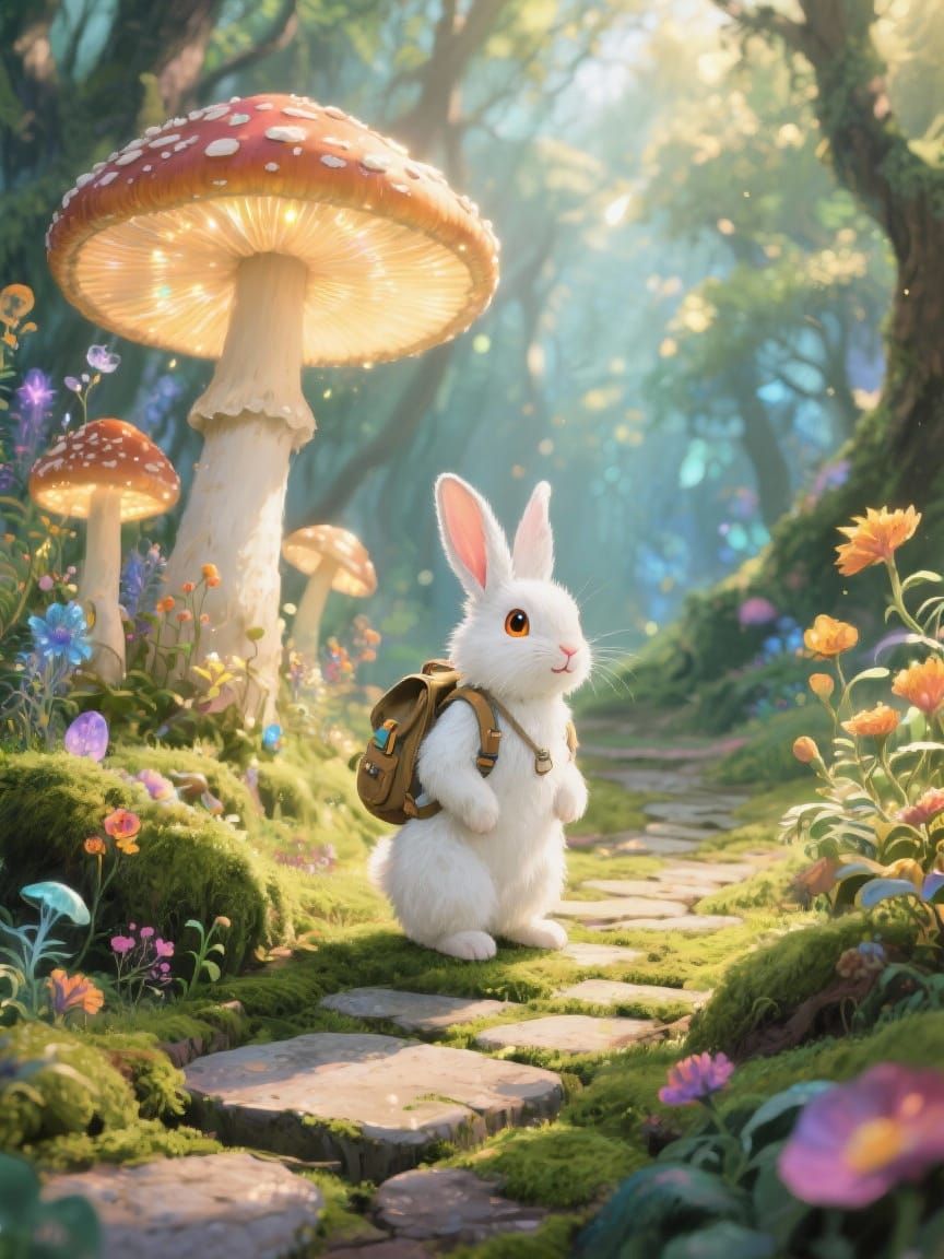 Fluffy Rabbit Explorer in Magical Forest