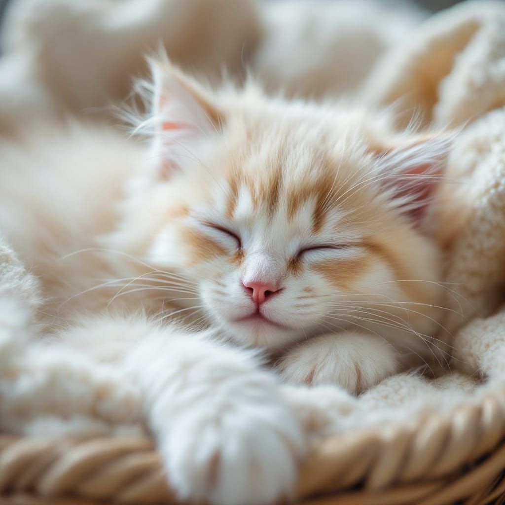 Cute Sleeping White Norwegian Forest Cat in a Cozy Basket