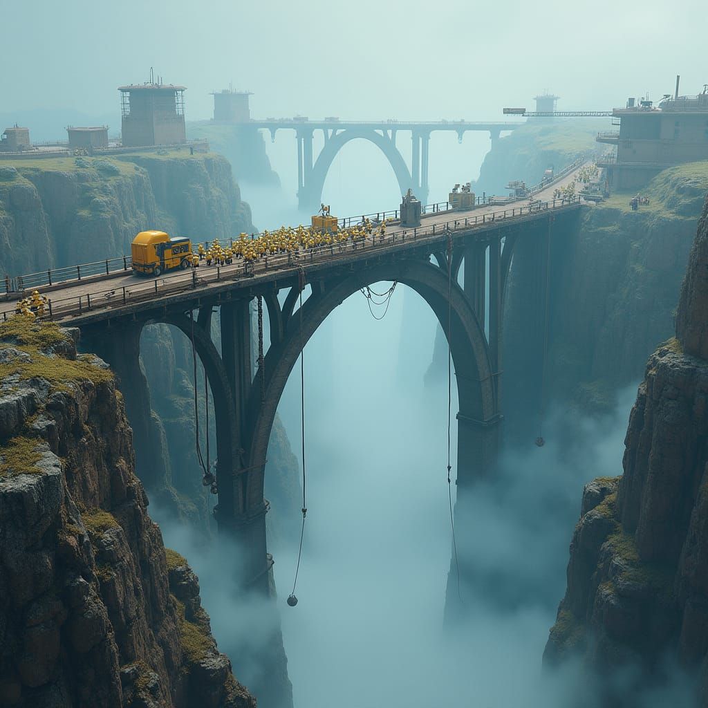 Minions Build a Bridge in a Fantastical Landscape