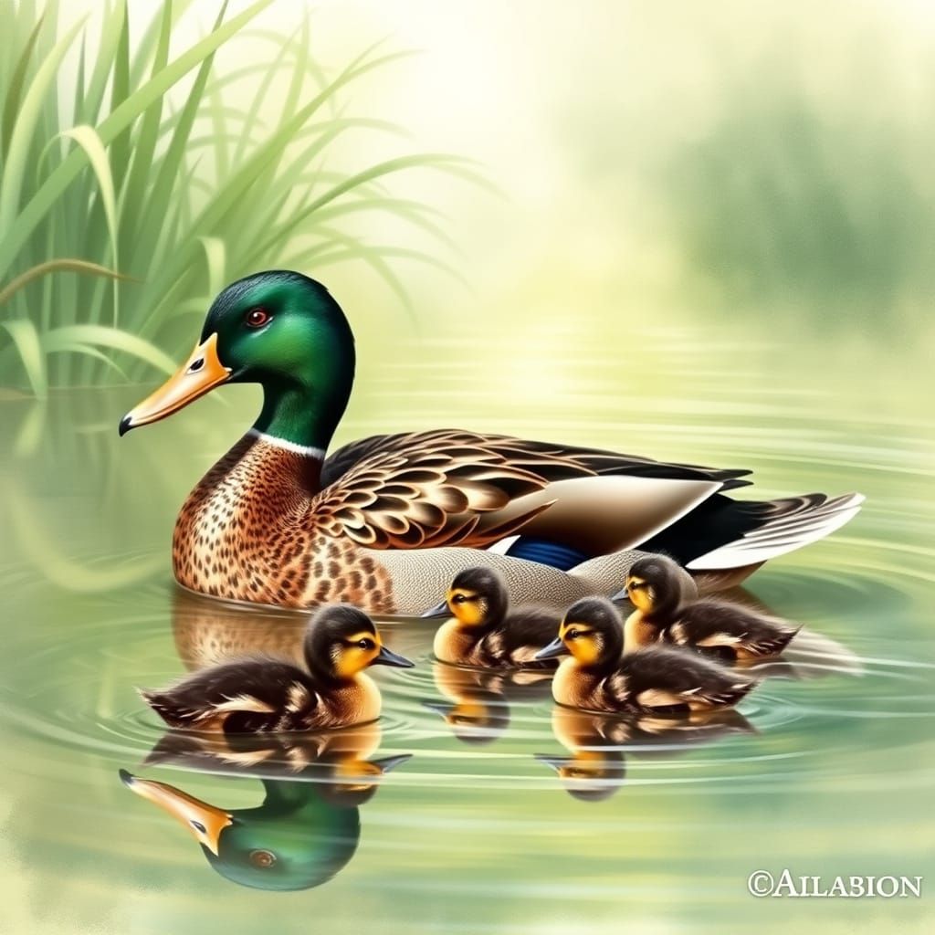 Mallard Duck and Ducklings in Watercolor Style