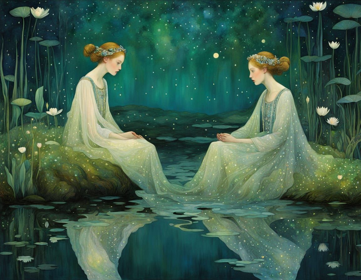 Whimsical Water Fairies Under Moonlit Pond