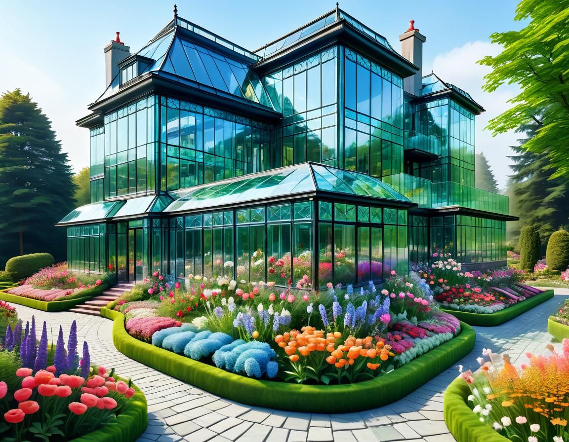 Glass Mansion with Glass Flowers: AI Art