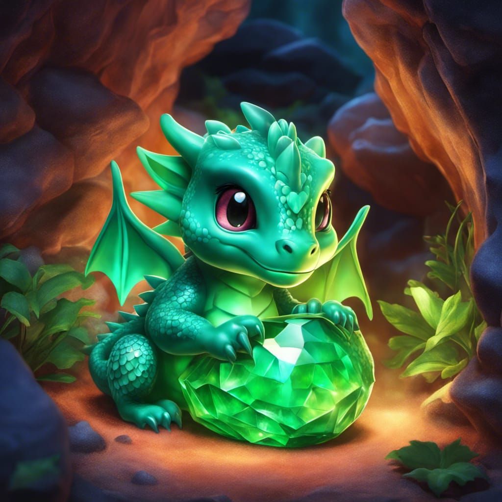Adorable Chibi Emerald Dragon in Bioluminescent Crystal Cave...