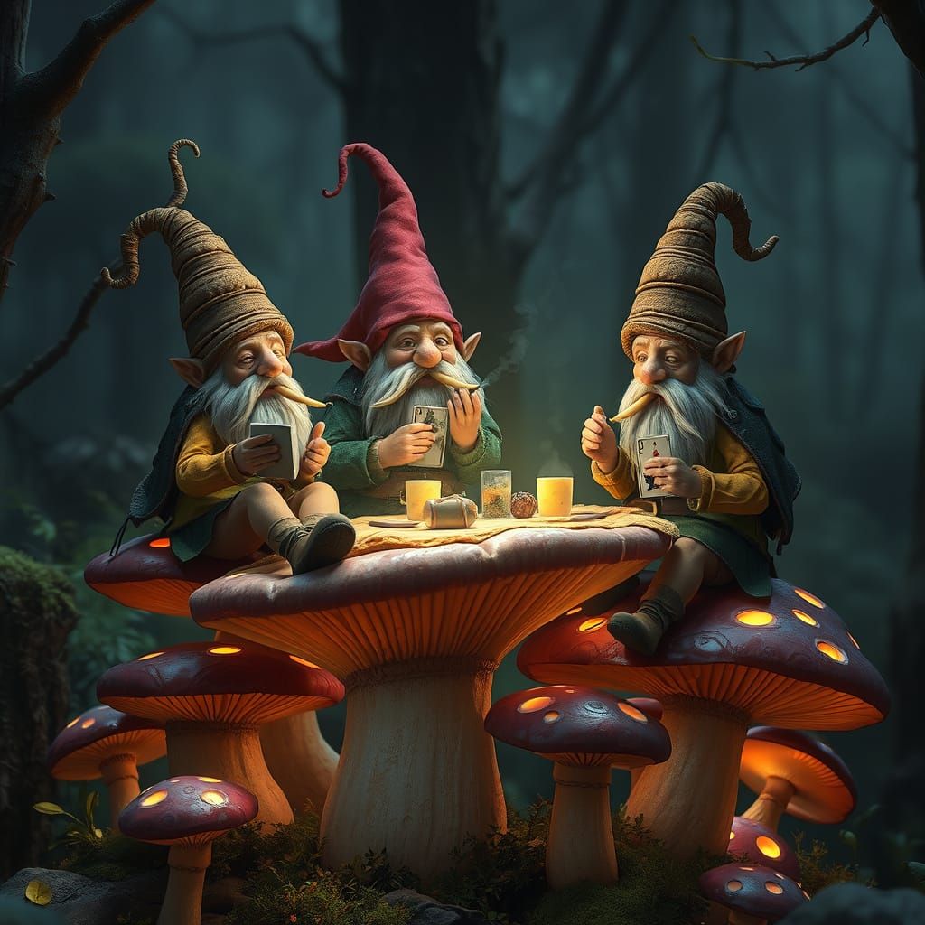 Whimsical Gnomes in Enchanted Forest, Matte Painting Style
