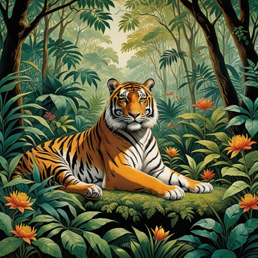Tiger in Jungle Canopy with Vibrant Foliage in Naive Realism...