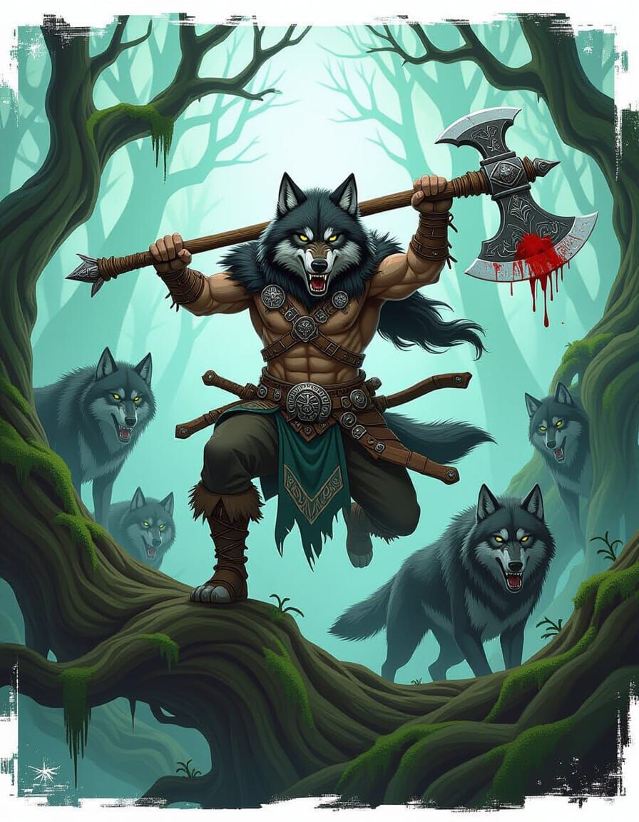 Wolf Barbarian Leaps from Tree in Dark Anime Style