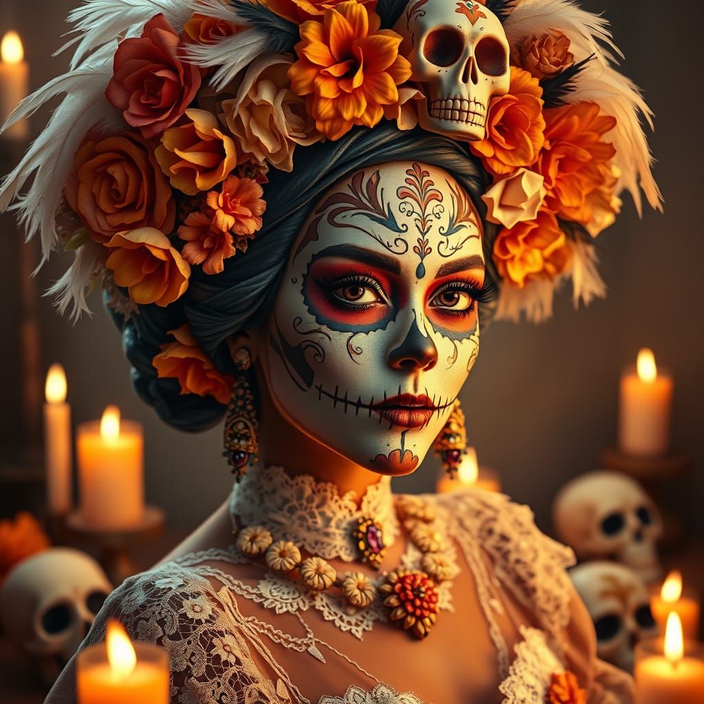 Dia de los Muertos Catrina Portrait with Floral Details