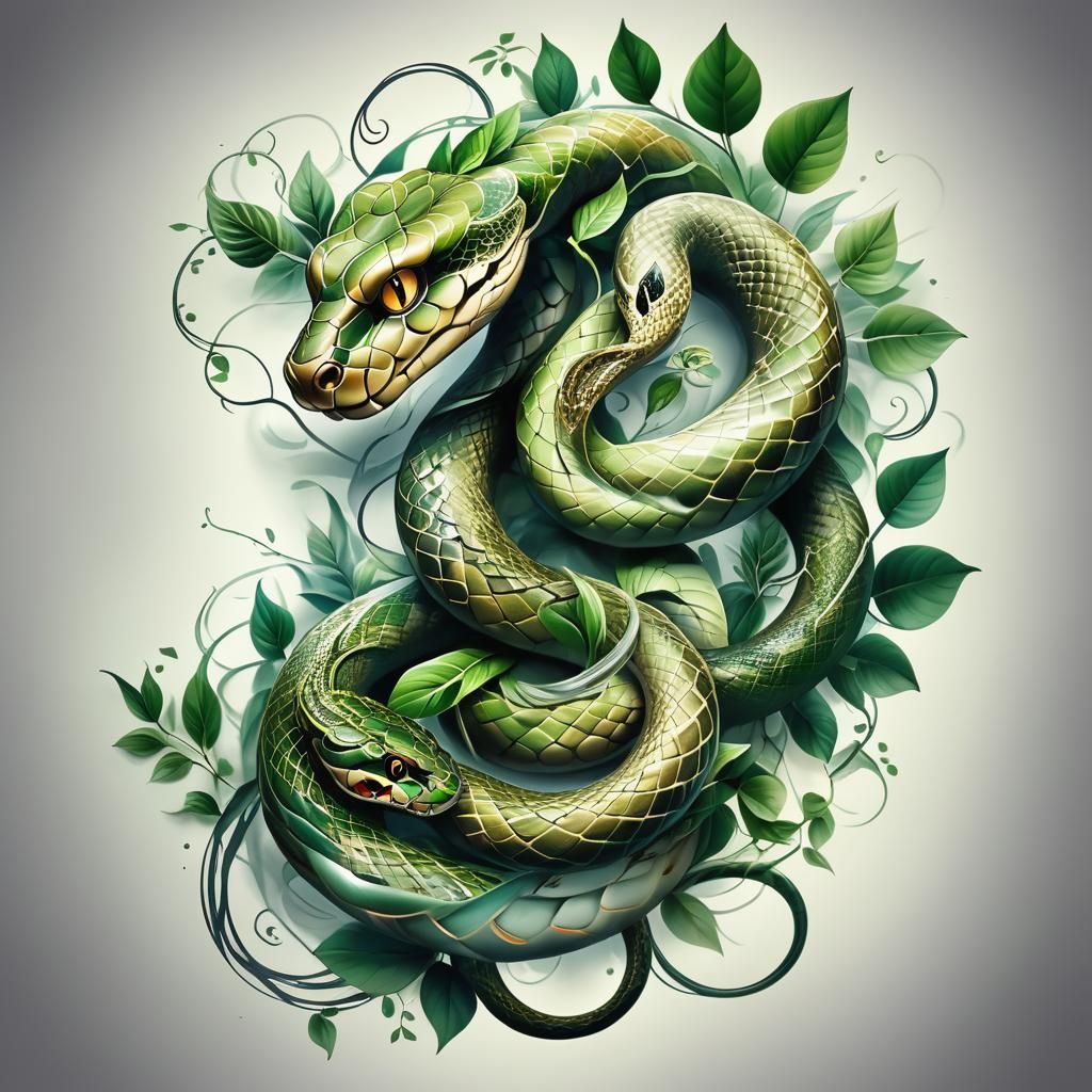 Intricate Snake Tattoo Design with Delicate Leaves