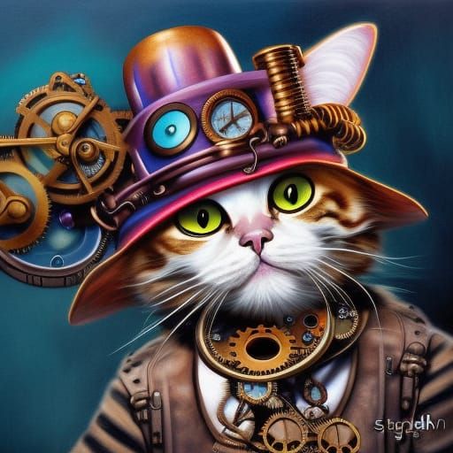 Detailed Steampunk Cat Painting in Vibrant Colors