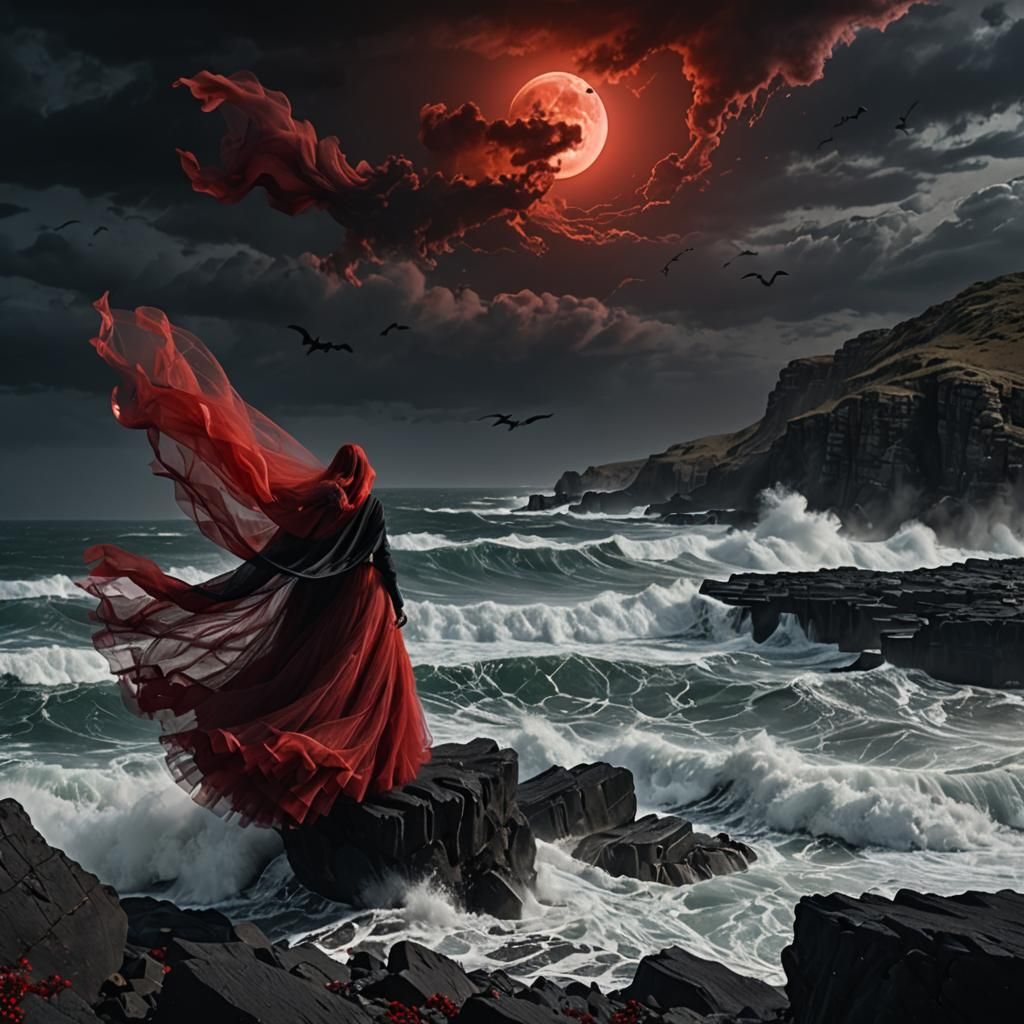 Mysterious Lady in Stormy Landscape with Black Veils