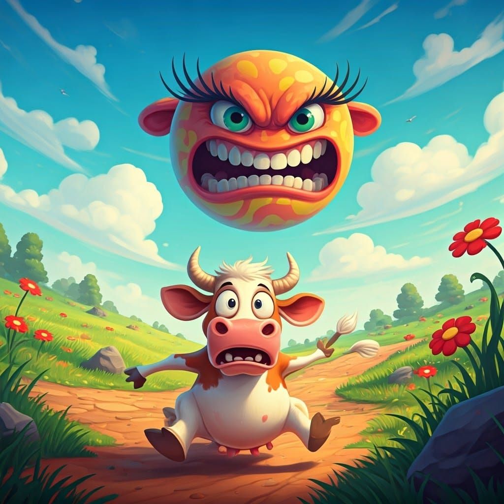 Surreal Cartoon Scene with Whimsical Ball and Running Cow