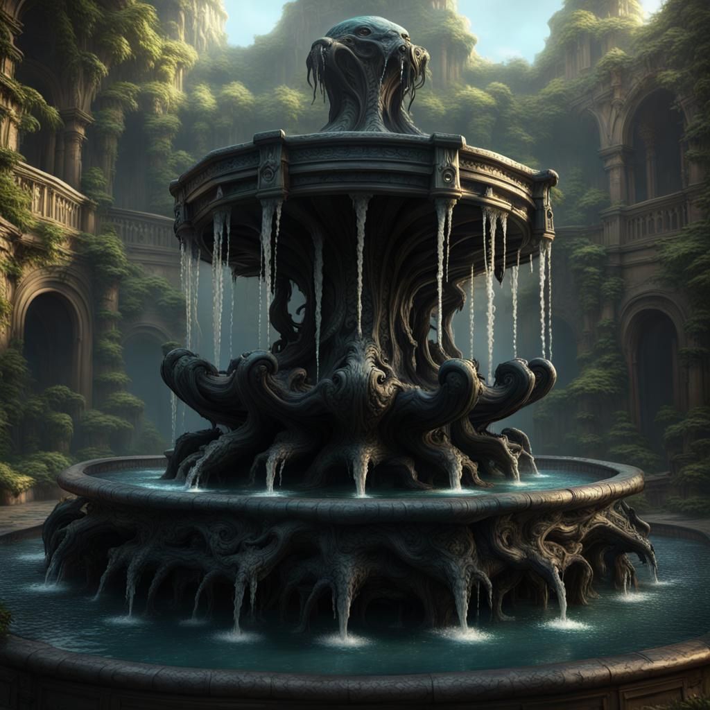 Lovecraftian Dagon Fountain with Flowing Black Ichor