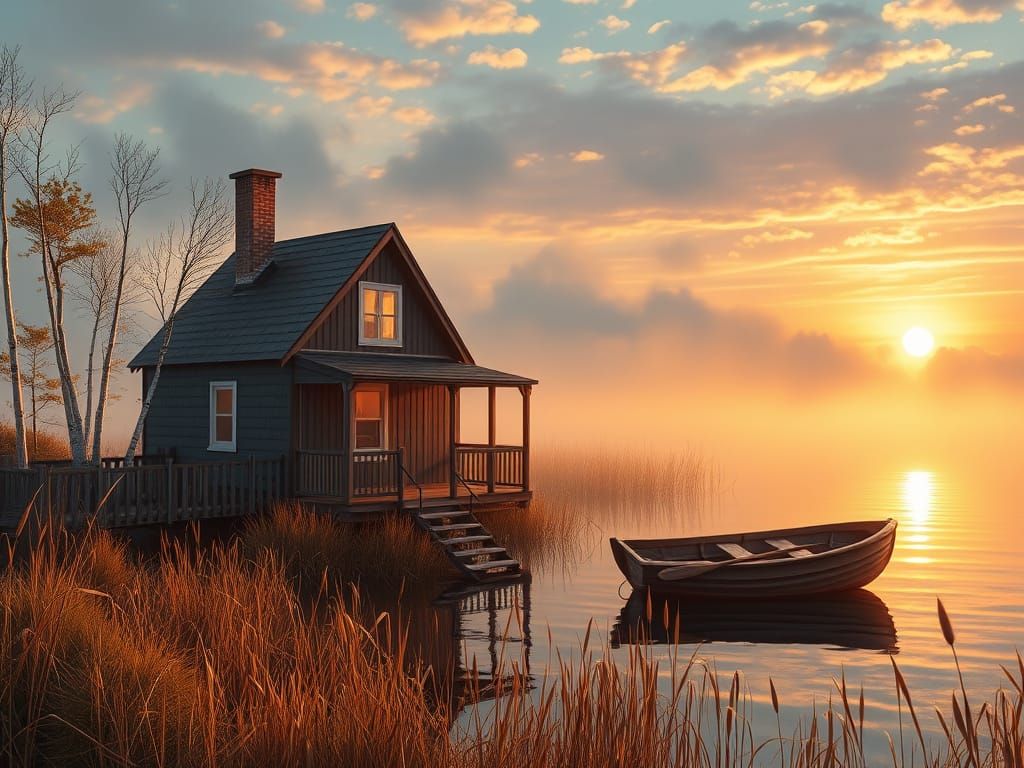 Tranquil Lakeside Home in Morning Mist