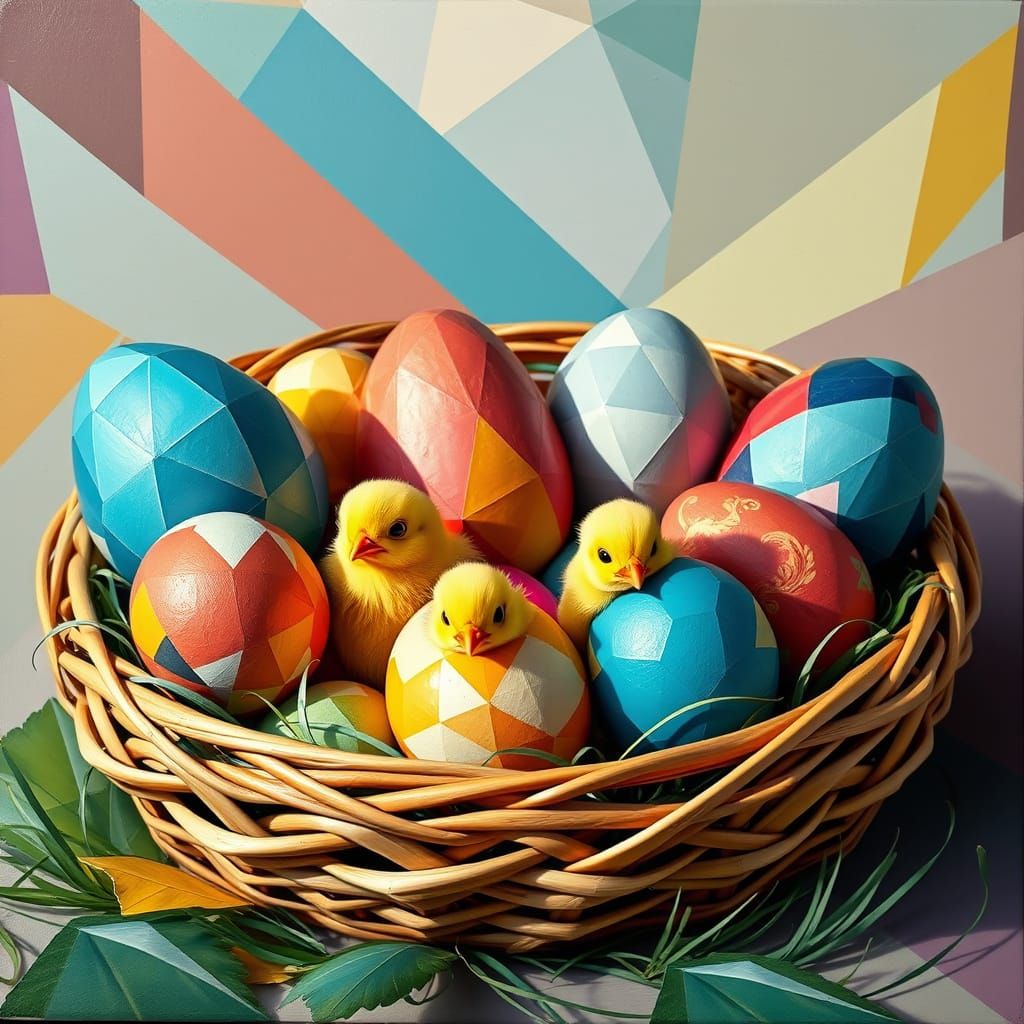 Easter Eggs and Chicks in Geometric Cubist Style