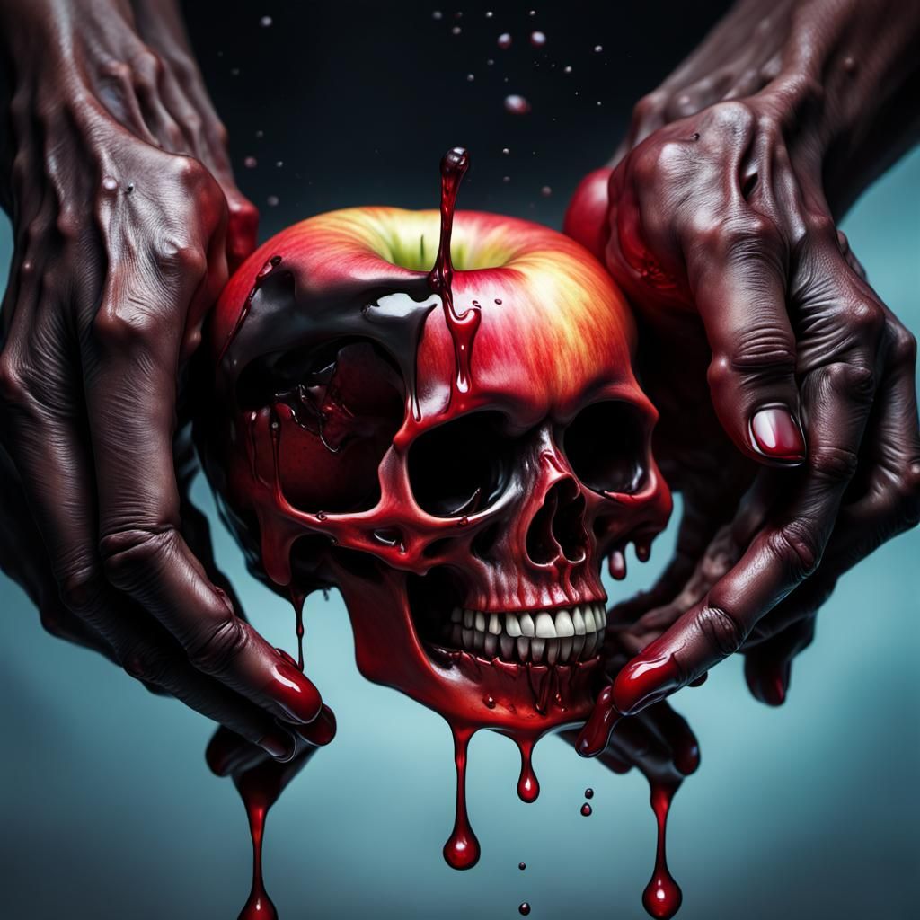 Hyperrealistic Apple Dripping Skull in Old Hands