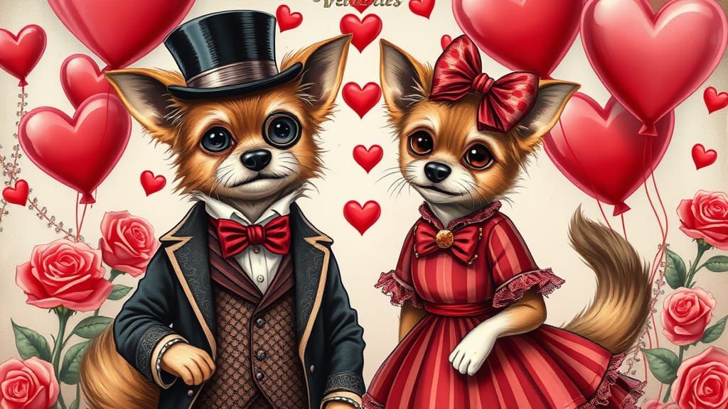 Whimsical Victorian Canine Couple in Disney-Esque Valentine'...