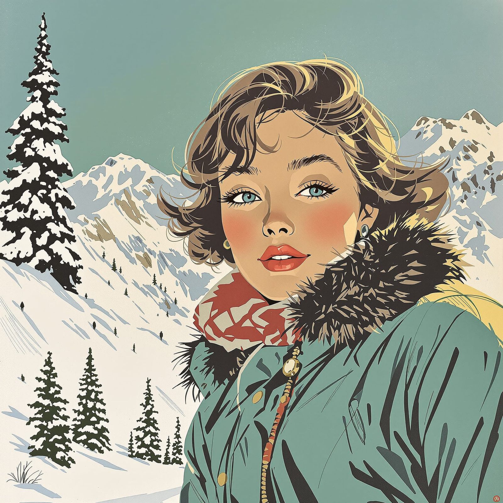 Elegant Woman Skiing in 1960s Megève, Art Nouveau Style