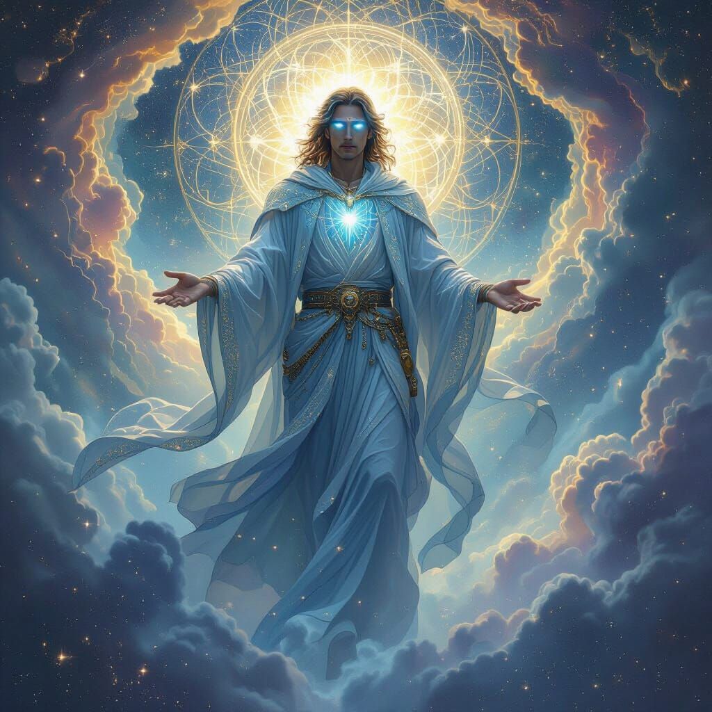 Celestial Oracle in Bioluminescent Robes Amidst Galaxy