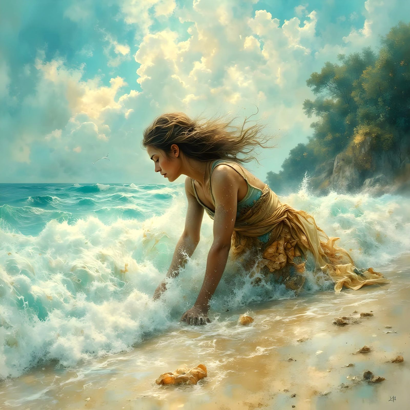 Exhausted Robinson Crusoe Crawls Ashore: Pastel Dreamscape