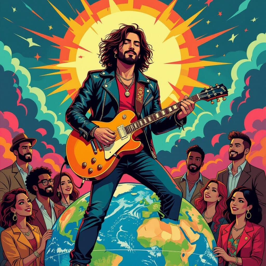 Rock Musician on Globe in Eclectic Art Style