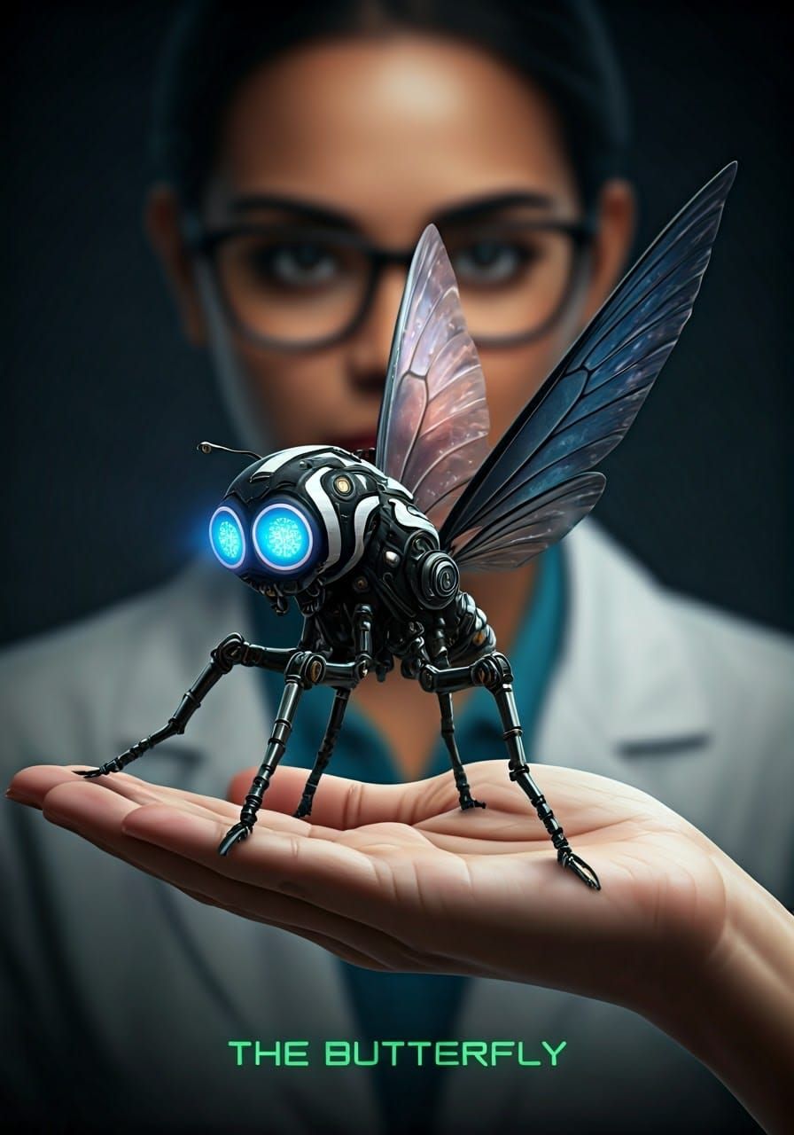 Robotic Butterfly in Futuristic Design on Human Hand