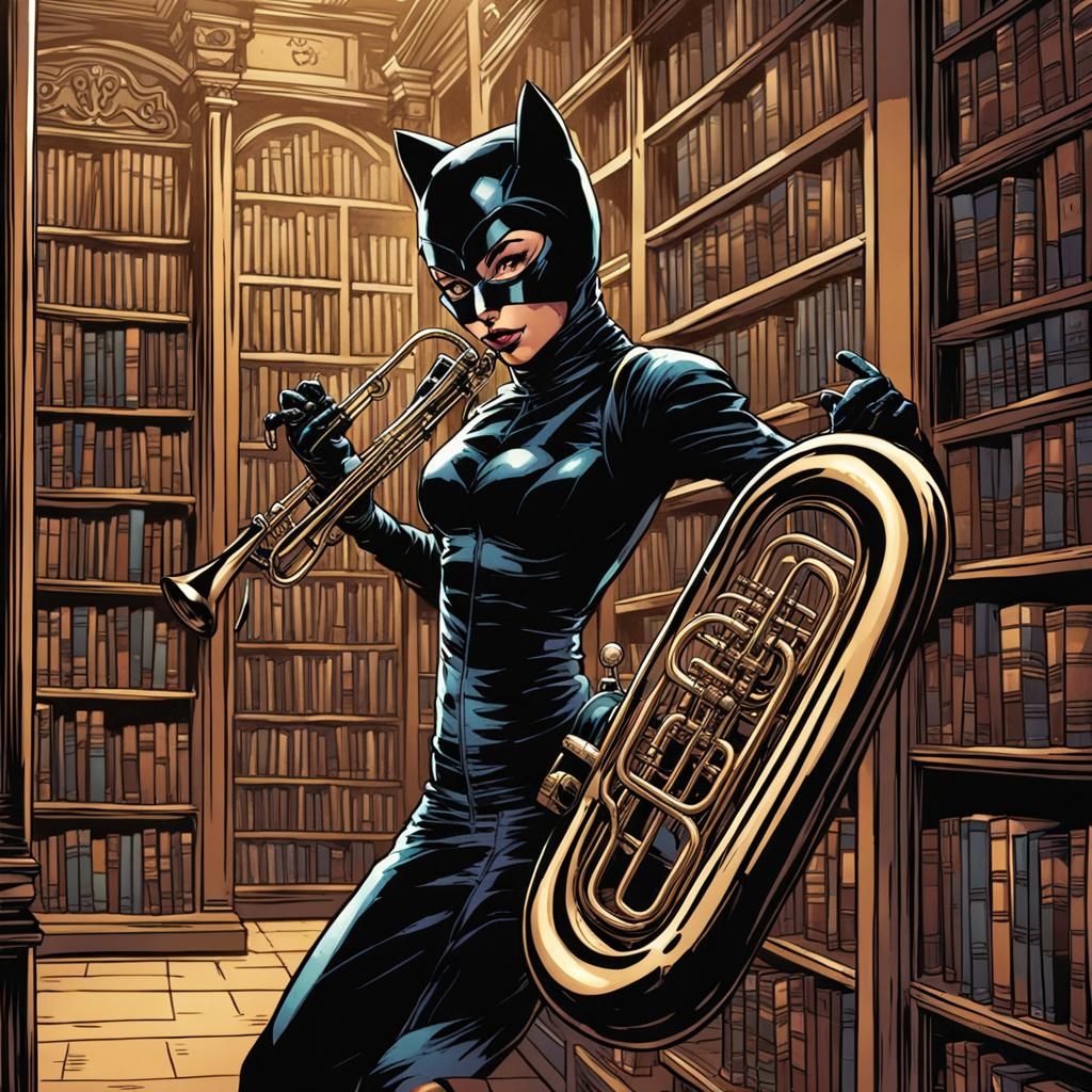 Catwoman Plays Tuba in Library: Comic Book Art