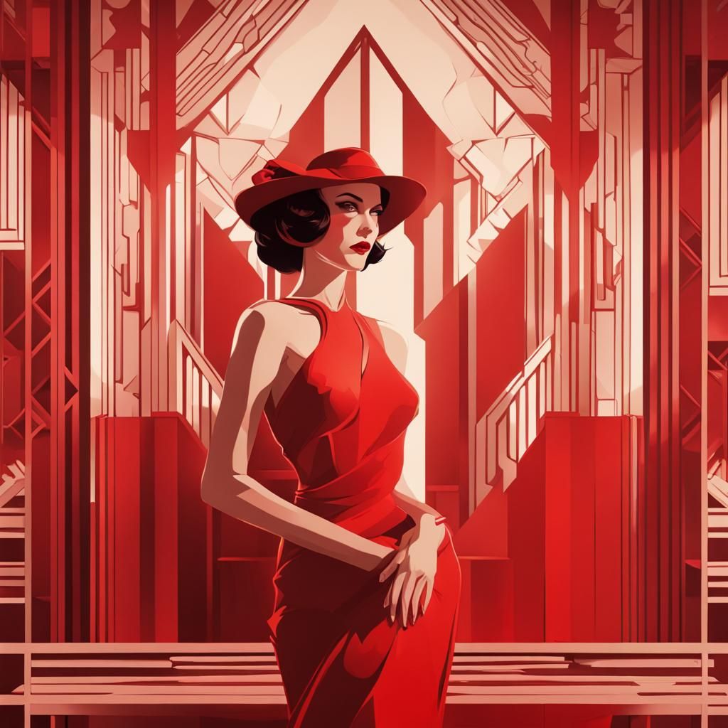Elegant Woman in Red: Art Deco Illustration