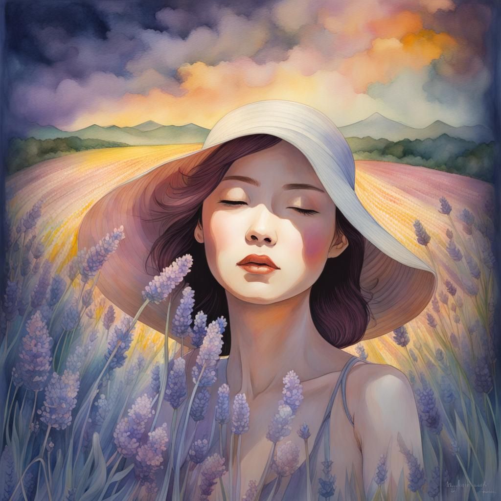 Lavender Field and Woman: Digital Watercolor Illustration