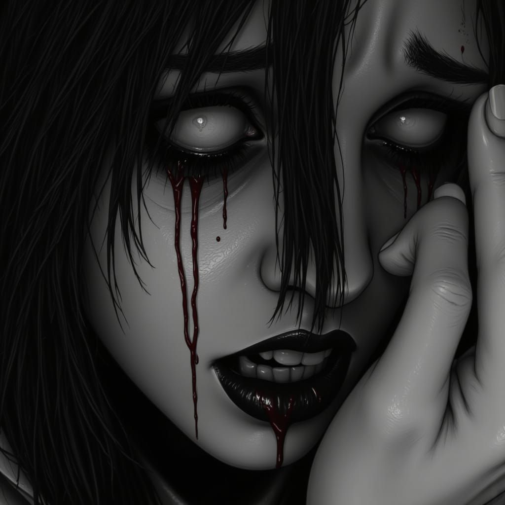 Woman Crying Blood Tears in Black and White