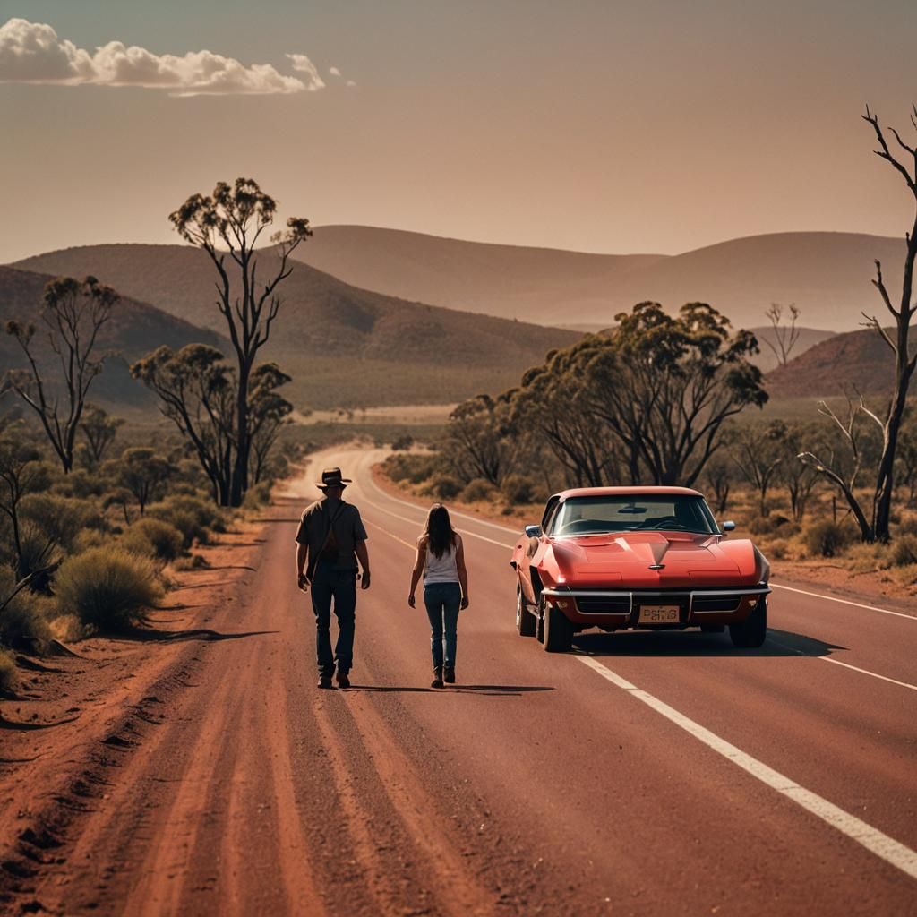 Outback Road Trip with Kangaroos: Cinematic Film Still