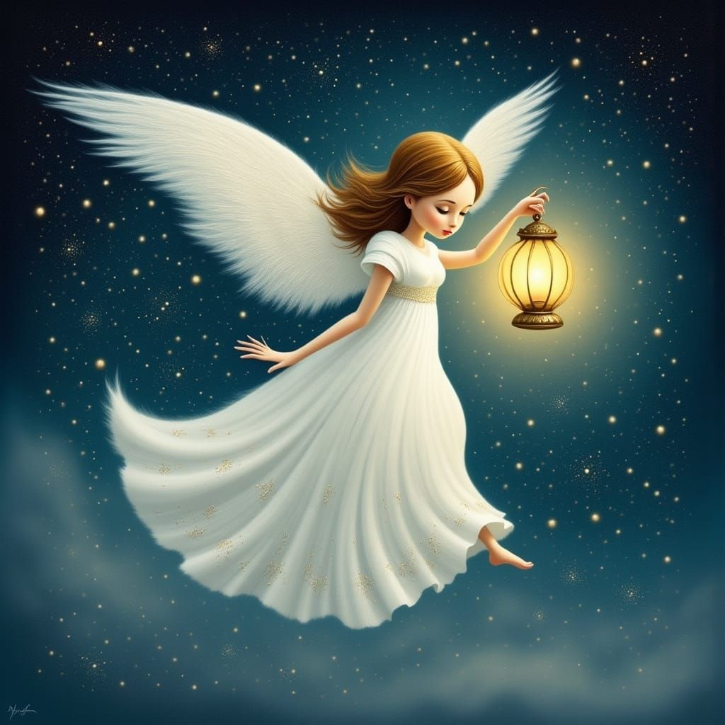 Christmas Angel Descending in Starry Night Oil Painting