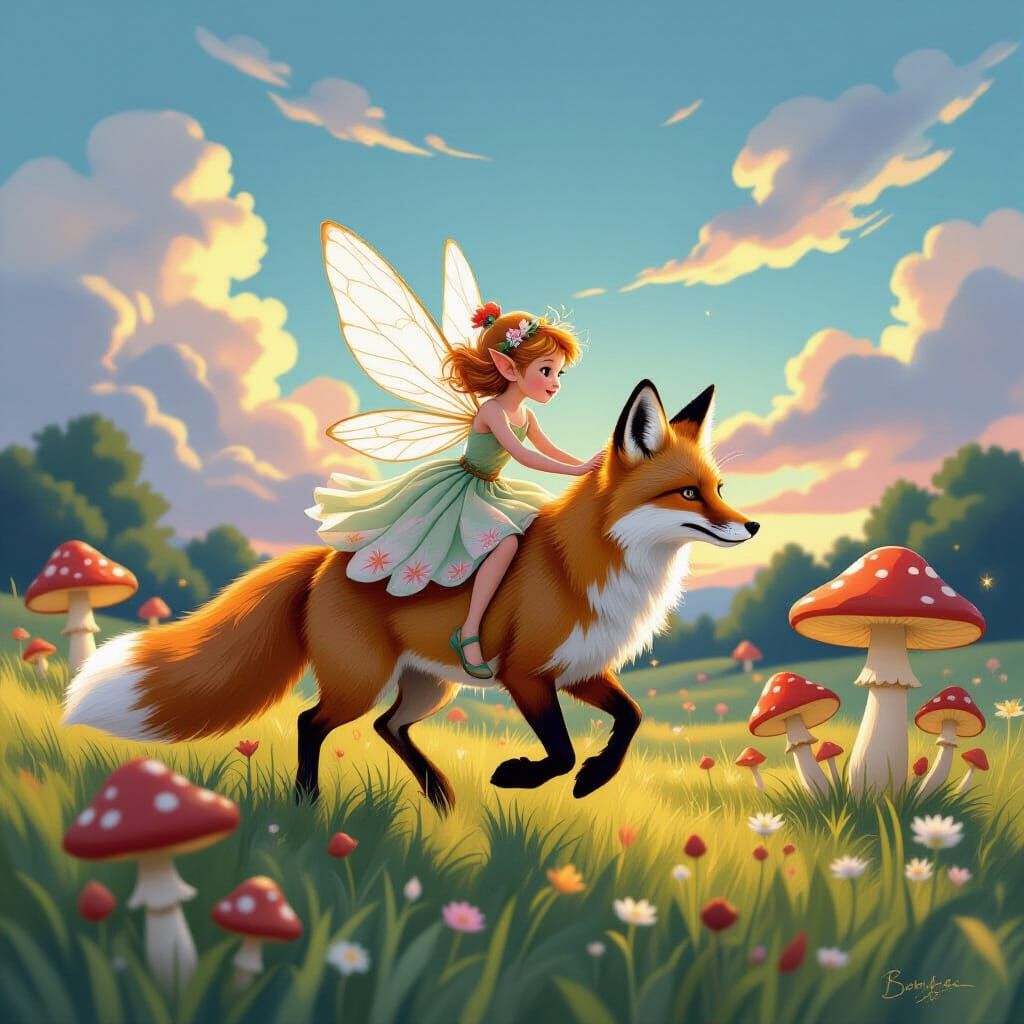 Elfin Fairy Rides Fox Through Glowing Mushroom Field