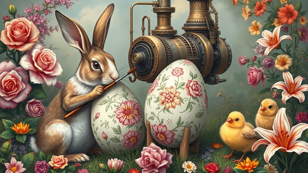 Rabbits and Chicks Painting Easter Eggs