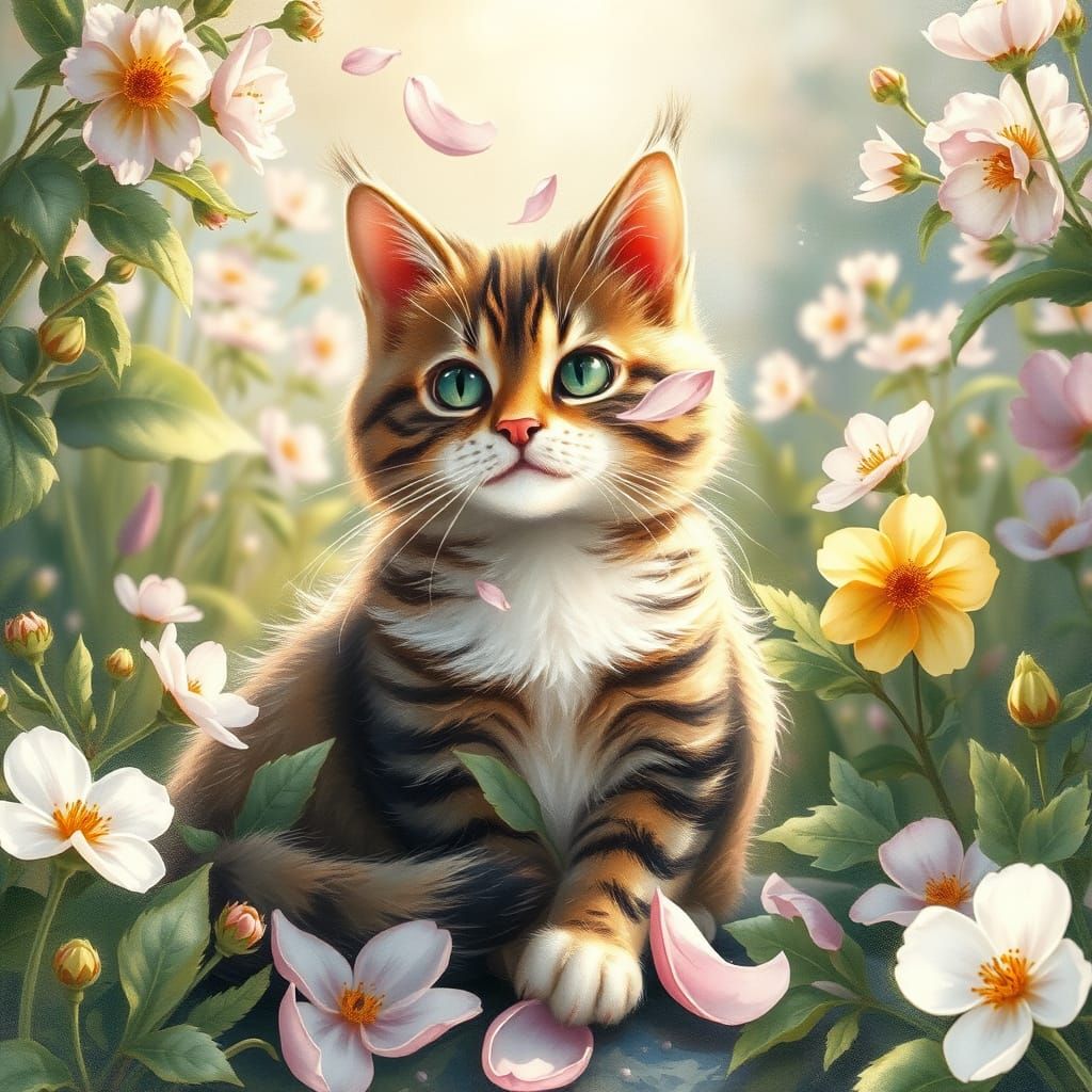 Whimsical Feline Surrounded by Blooming Botanicals in Waterc...