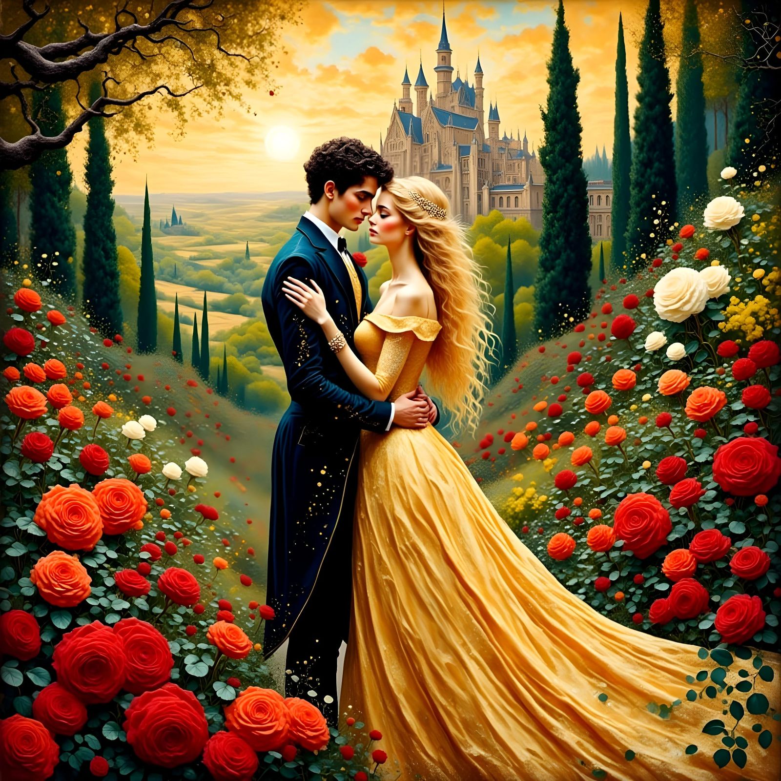 Romantic Italian Cypress Castle Scene with Enchanted Garden