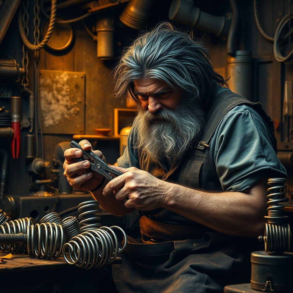 Rugged Inventor Crafts Intricate Metal Springs in Dimly Lit ...