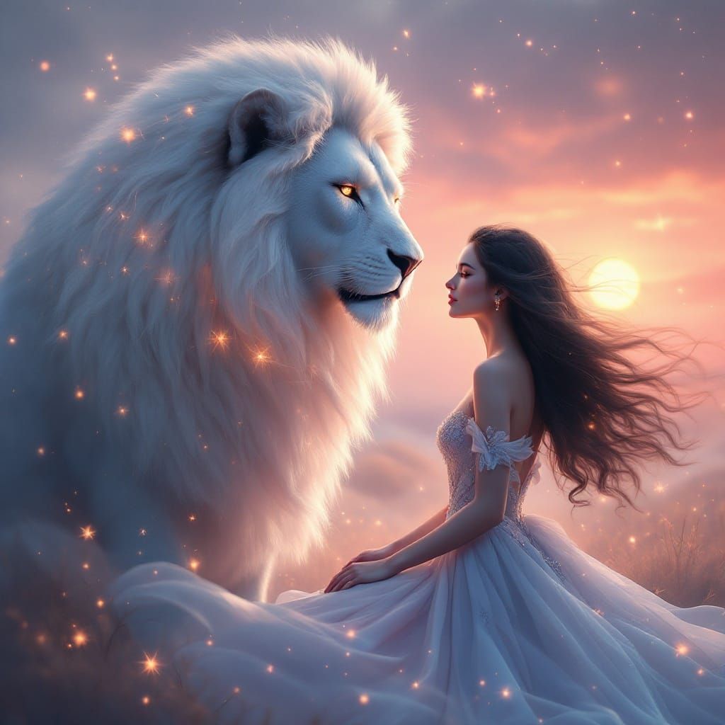 Ethereal Encounter: Majestic White Lion and Enchanting Woman...