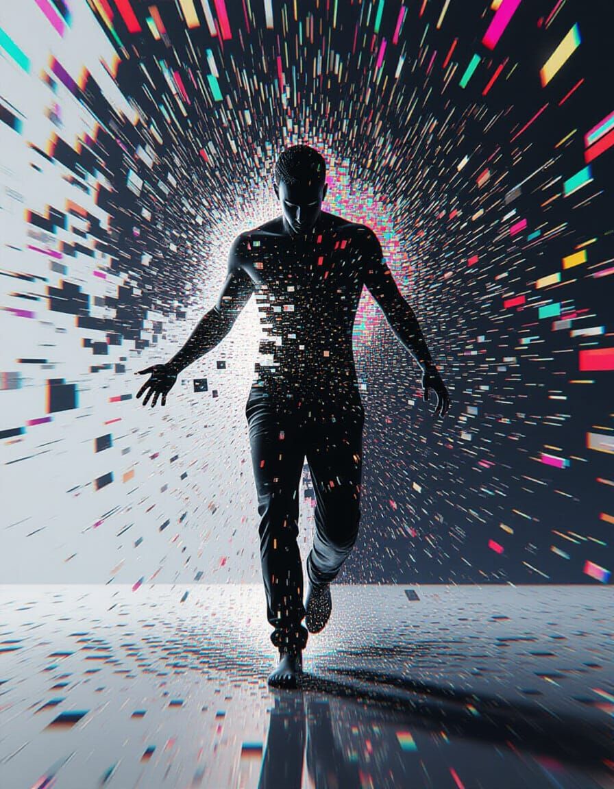 Glitching Figure Dissolving into Digital Static