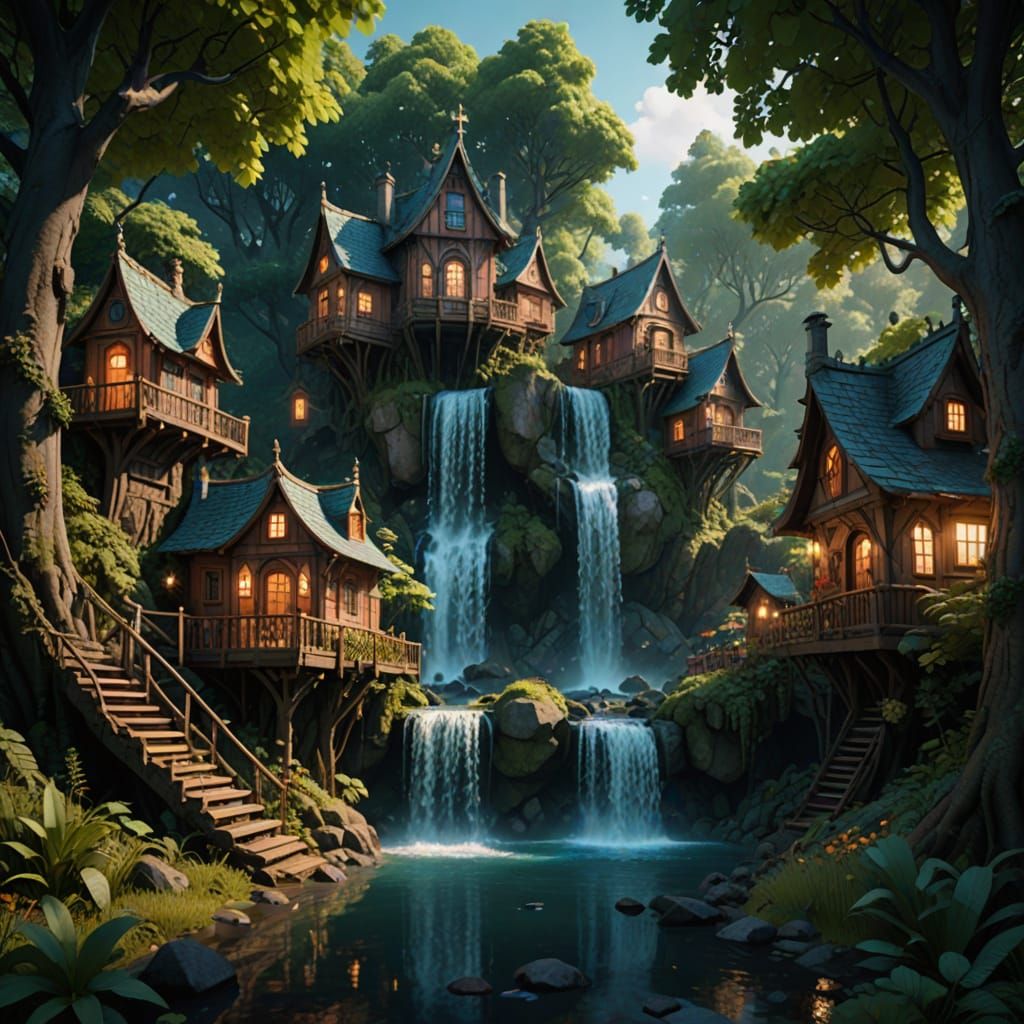 Enchanted Fairy Village in Gloomy Forest Thicket