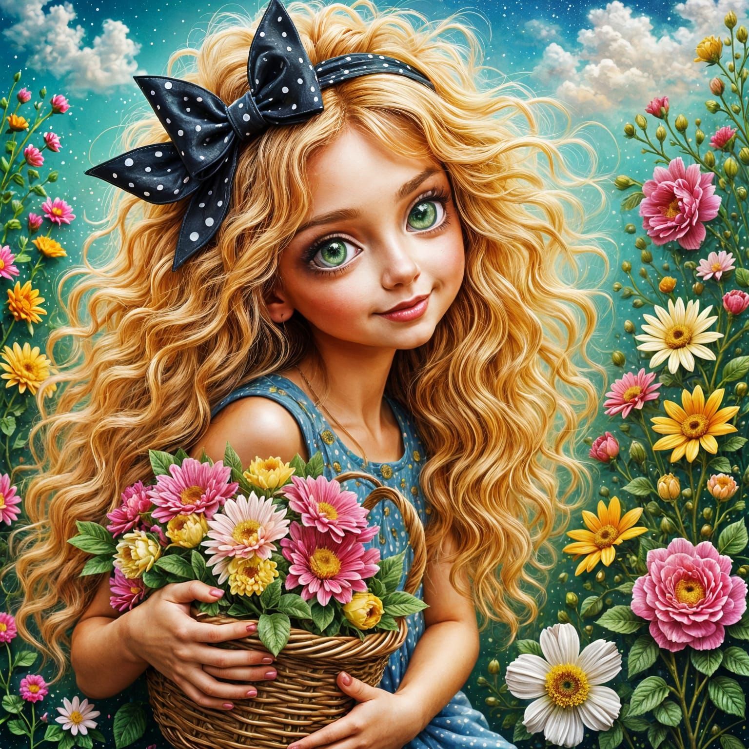 Whimsical Girl with Flowers in Glitter Gel Paint