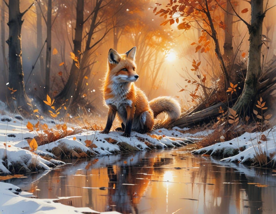 Baby Fox in Autumn Sunset: Watercolour Painting