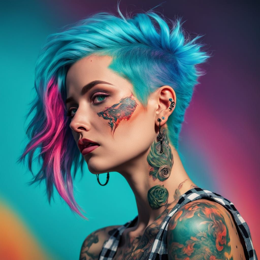 Vibrant Cyberpunk Goddess in Gingham Skirt