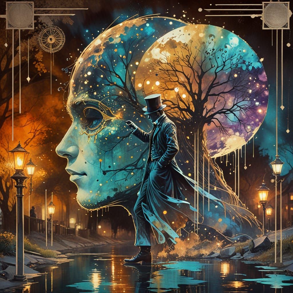 Steampunk Magician Amidst Vintage Street Lanterns