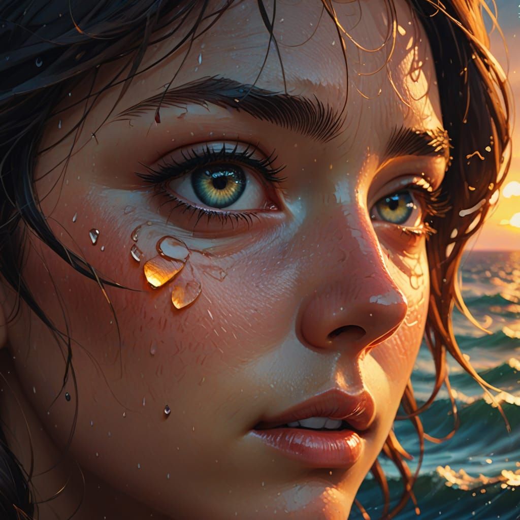 Eye in Turbulent Stormy Ocean, Semi-Realistic Anime Style