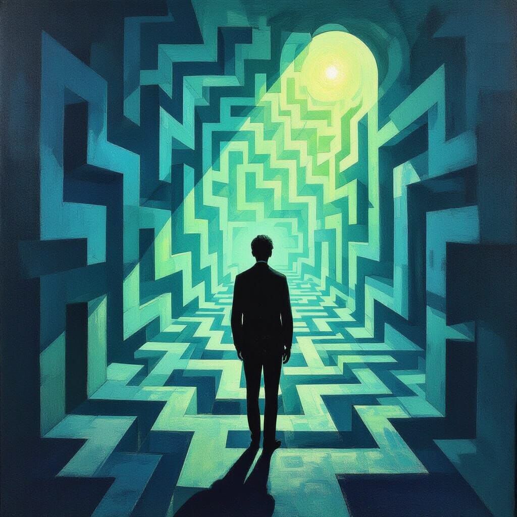 Bewildered Figure in Surrealist Labyrinth of Dread