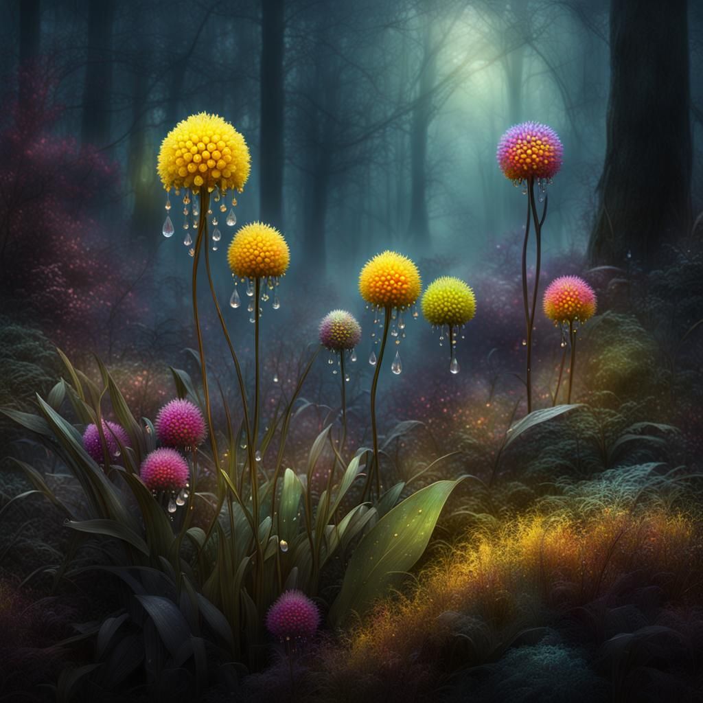 Craspedia Flowers in Misty Forest with Rainbow Dew