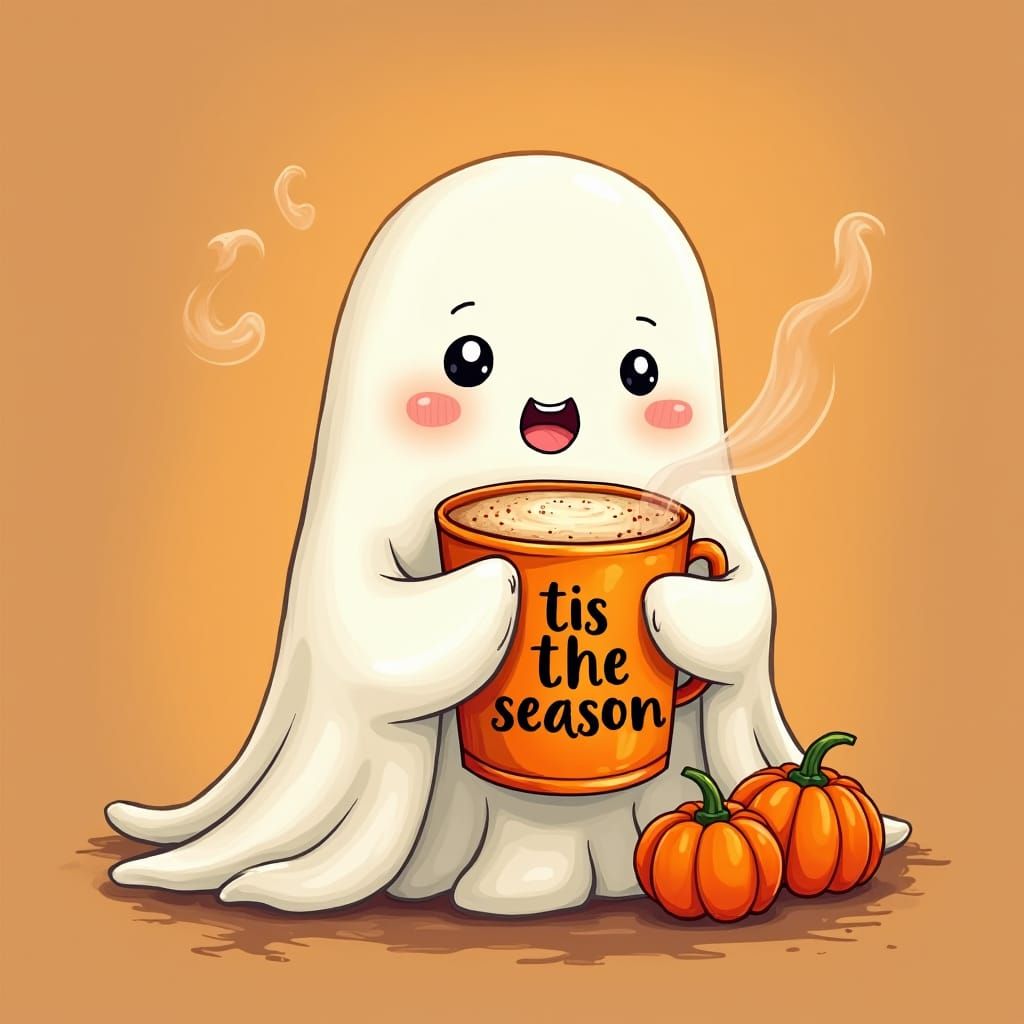Cartoon Ghost Enjoys Pumpkin Spice Latte